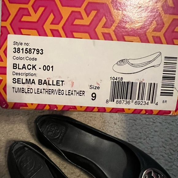 Tory Burch Selma Flats Women’s 9M Black Tumbled Leather Ballet Shoes Gold Logo - Picture 8 of 9